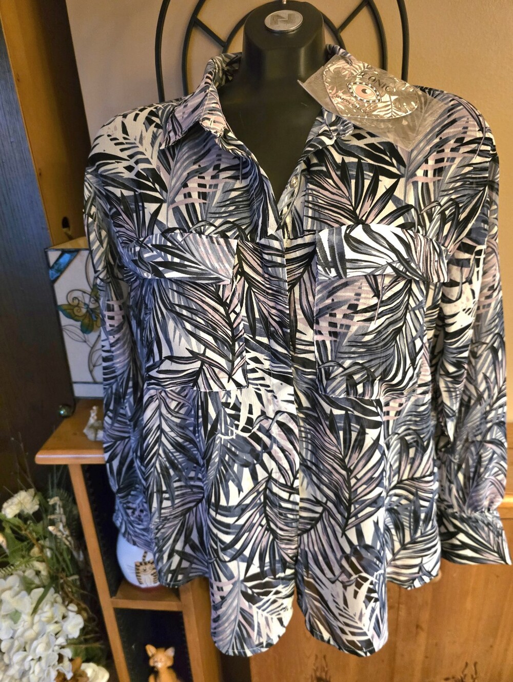🆕️Iconic Canadian Designer Simon Chang Leaf Print Semi-Sheer Tunic Blouse Sz M